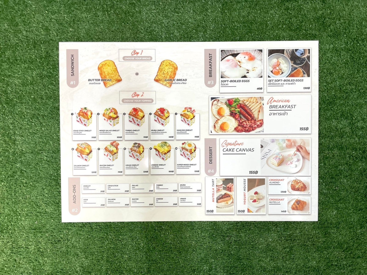 แผ่นเมนู พลาสติก HIP พลาสวูด แข็งแรง กันน้ำ พิมพ์คมชัด เหมาะสำหรับร้านอาหารและคาเฟ่