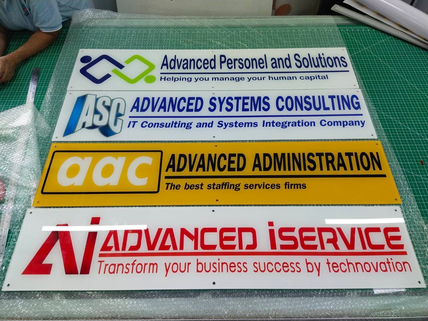 Clear acrylic, printed on the reverse side, printed on plastic
