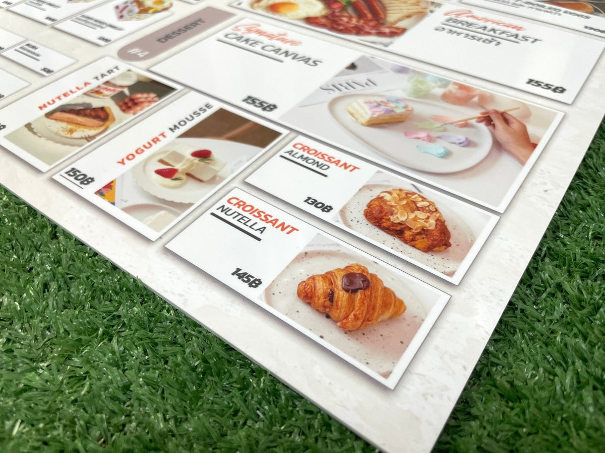 แผ่นเมนู พลาสติก HIP พลาสวูด แข็งแรง กันน้ำ พิมพ์คมชัด เหมาะสำหรับร้านอาหารและคาเฟ่