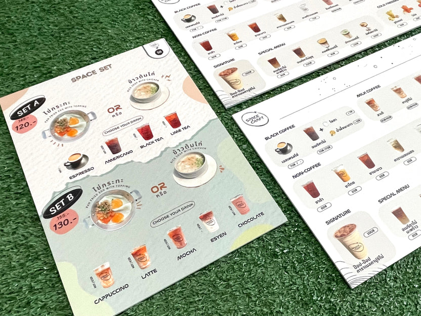 ป้ายเมนูอาหาร ป้ายราคา สำหรับติดผนังและตั้งโต๊ะ พิมพ์คมชัด ใช้งานสะดวก เหมาะสำหรับร้านอาหาร คาเฟ่ และร้านค้า