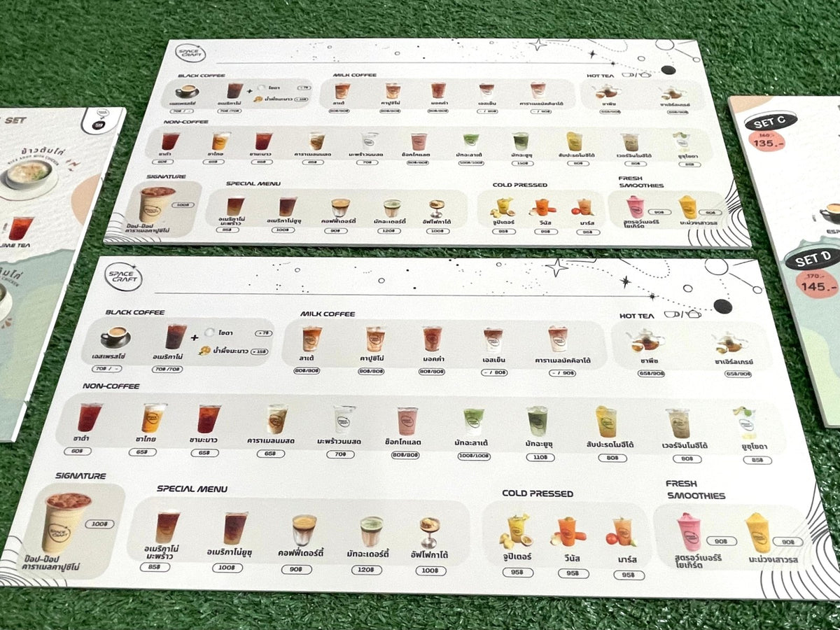 แผ่นเมนู พลาสติก HIP พลาสวูด แข็งแรง กันน้ำ พิมพ์คมชัด เหมาะสำหรับร้านอาหารและคาเฟ่