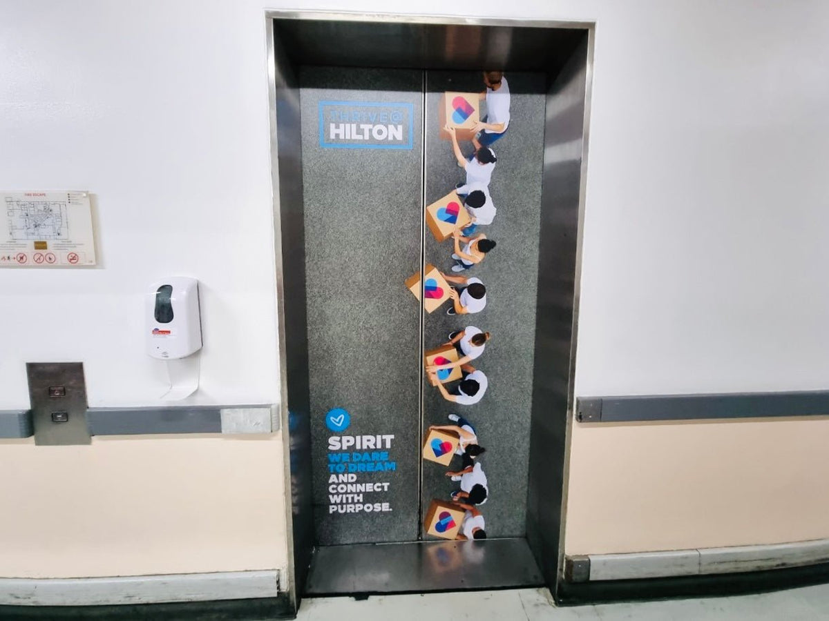 สติ๊กเกอร์ติดลิฟท์ Elevator Sticker พิมพ์คมชัด เหมาะสำหรับงานโฆษณา โปรโมชัน และตกแต่งภายในอาคาร สำนักงาน หรือห้างสรรพสินค้า