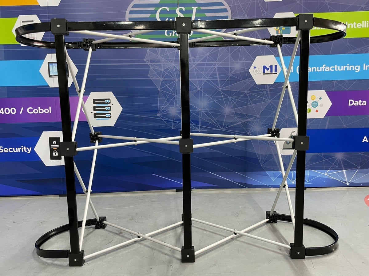 โครงเปล่า counter pop up แบบแผ่น PVC โครงเหล็กยืดหดได้ สะดวกขนย้ายจัดบูธ จัดอีเว้นท์ สัมมนานอกสถานที่