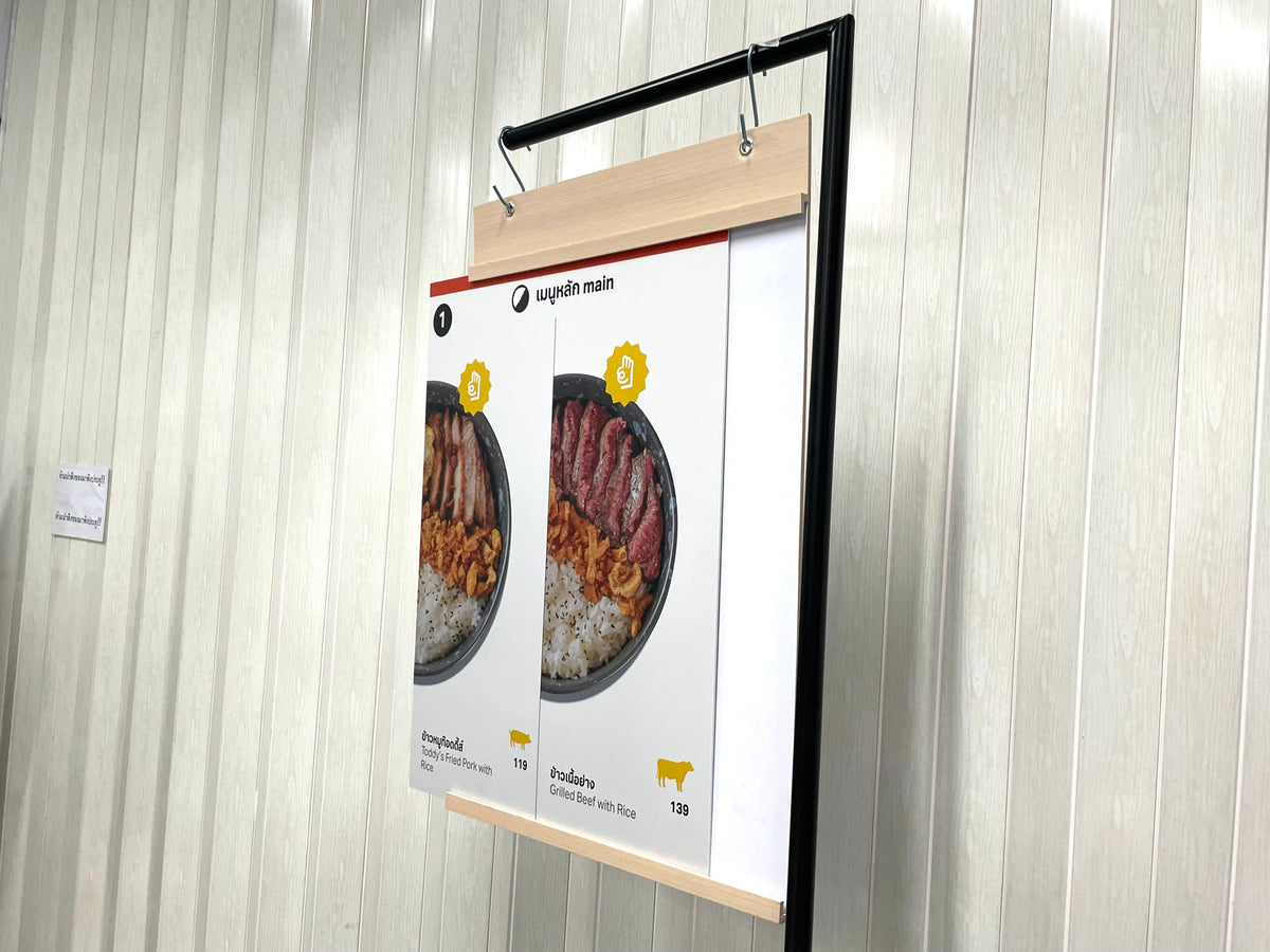 ป้ายเมนูอาหาร ป้ายราคา สำหรับติดผนังและตั้งโต๊ะ พิมพ์คมชัด ใช้งานสะดวก เหมาะสำหรับร้านอาหาร คาเฟ่ และร้านค้า