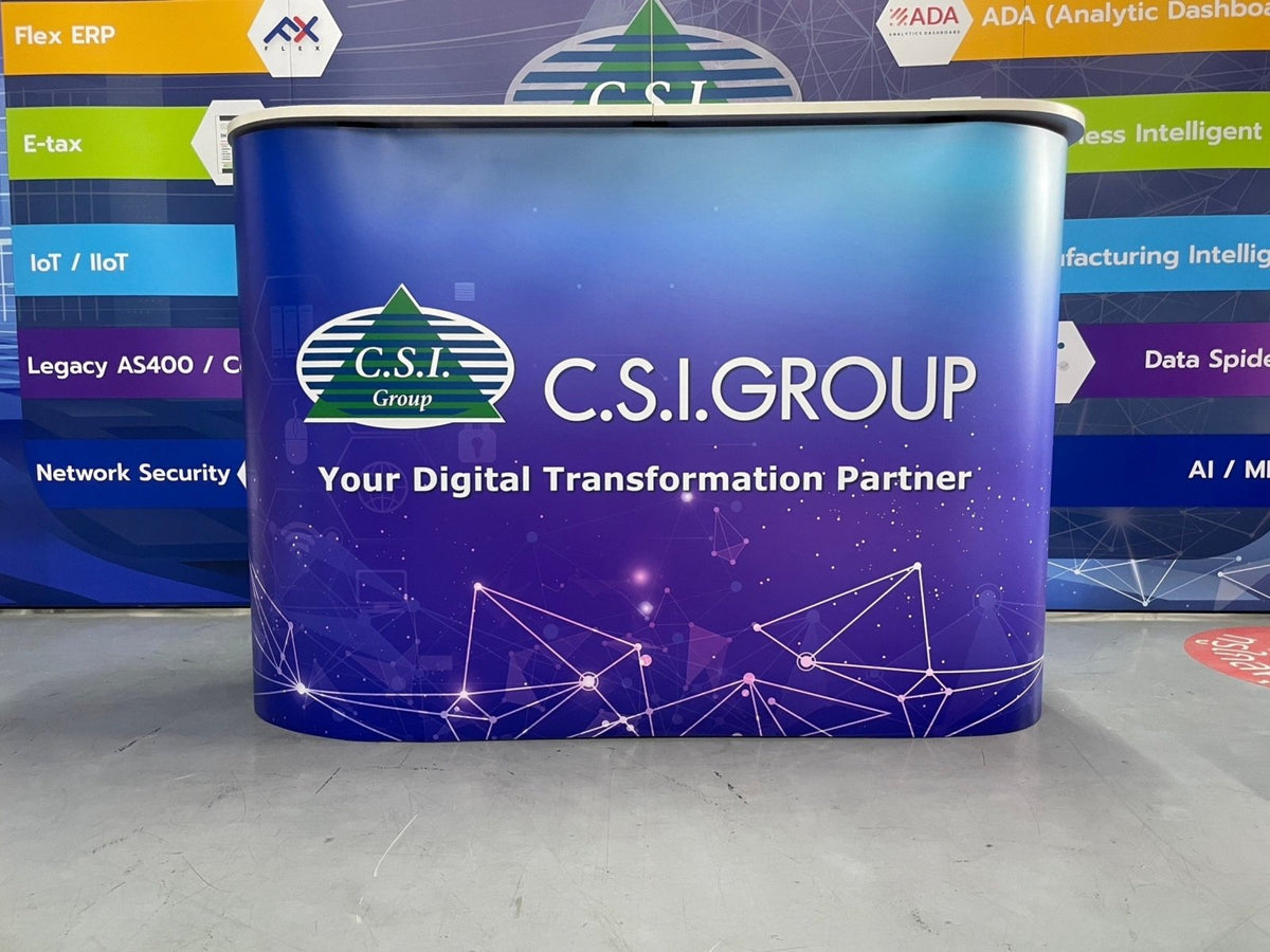 เคาน์เตอร์ pop up แบบแผ่น PVC โครงเหล็กยืดหดได้ สะดวกขนย้ายจัดบูธ จัดอีเว้นท์ สัมมนานอกสถานที่