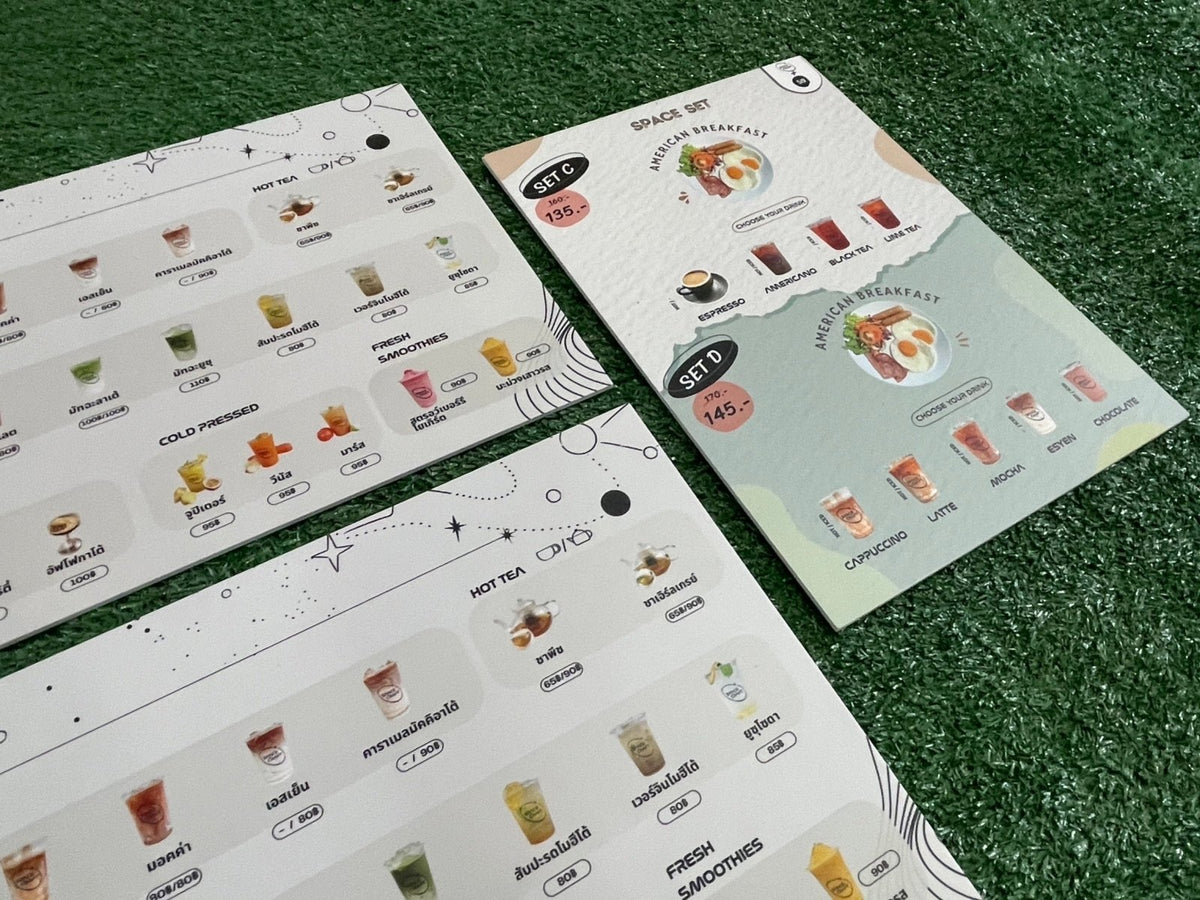 แผ่นเมนู พลาสติก HIP พลาสวูด แข็งแรง กันน้ำ พิมพ์คมชัด เหมาะสำหรับร้านอาหารและคาเฟ่