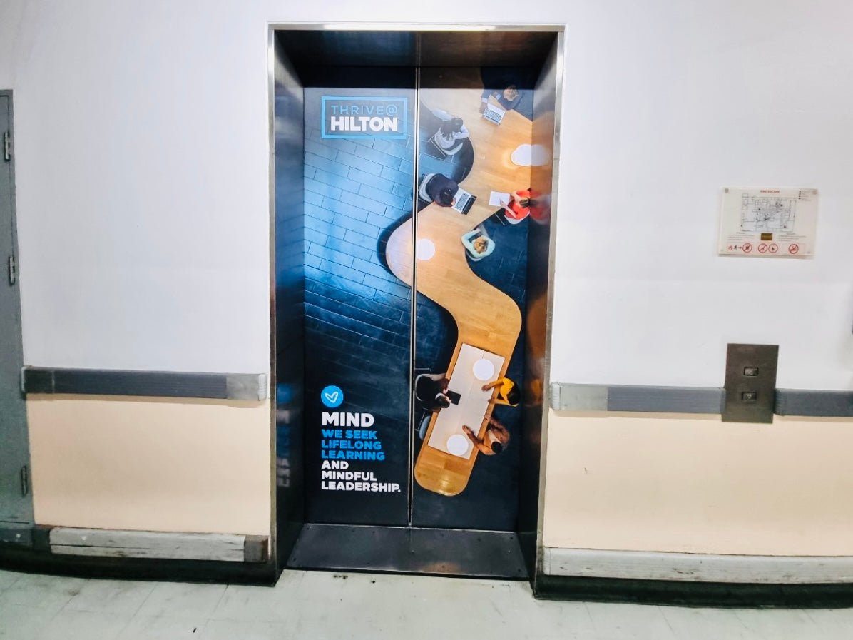 สติ๊กเกอร์ติดลิฟท์ Elevator Sticker พิมพ์คมชัด เหมาะสำหรับงานโฆษณา โปรโมชัน และตกแต่งภายในอาคาร สำนักงาน หรือห้างสรรพสินค้า