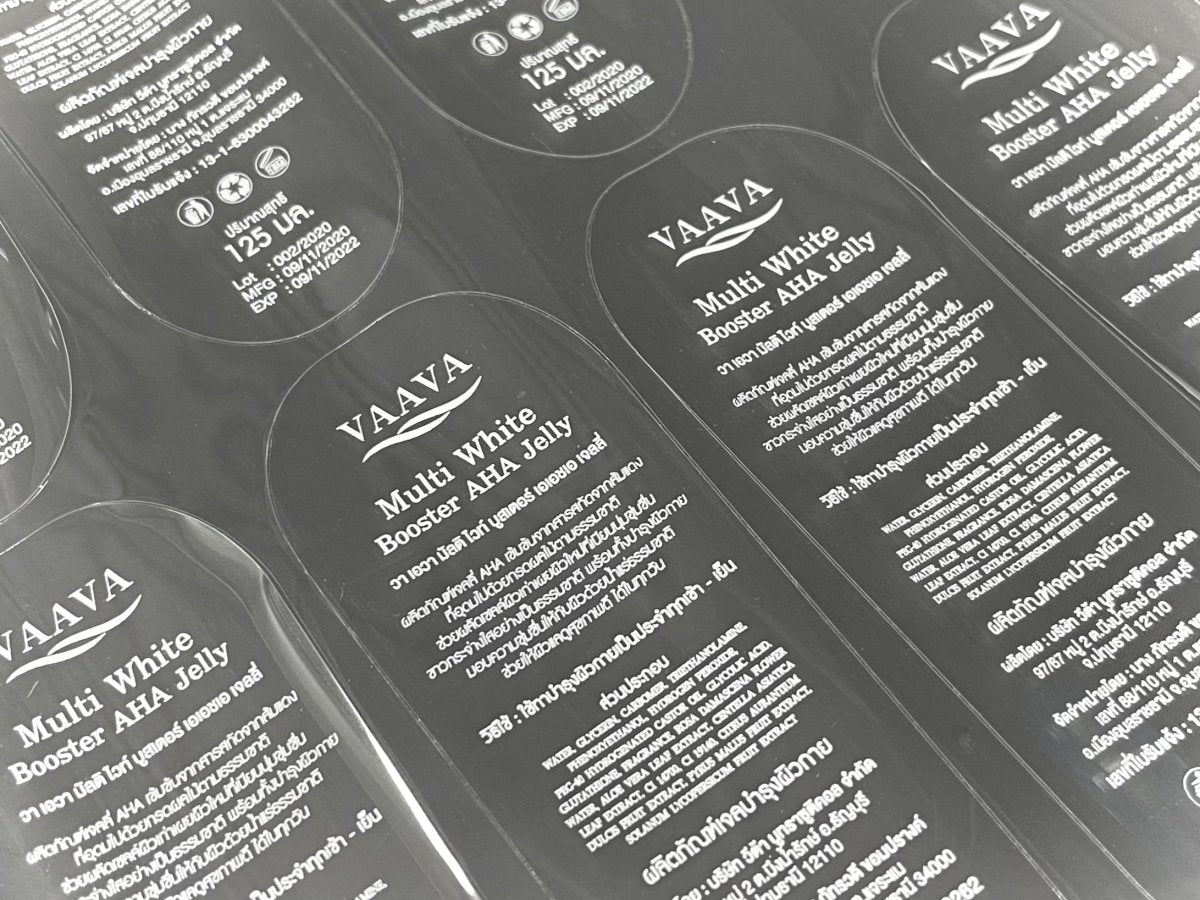 สติ๊กเกอร์ใส สติ๊กเกอร์ฉลากสินค้าใส พิมพ์คมชัด ติดแนบเนียน เหมาะสำหรับบรรจุภัณฑ์ สินค้า เครื่องสำอาง และงานโปรโมชัน