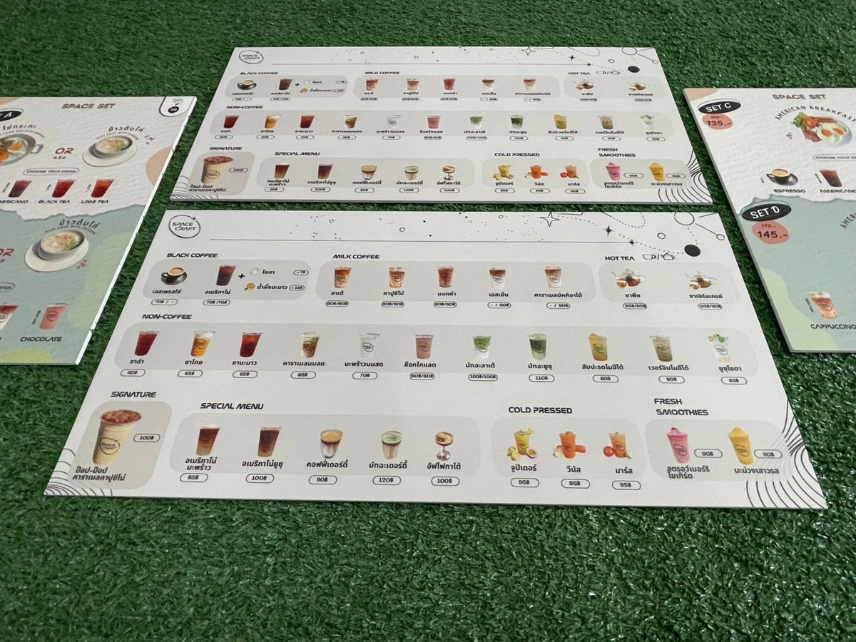 แผ่นเมนู พลาสติก HIP พลาสวูด แข็งแรง กันน้ำ พิมพ์คมชัด เหมาะสำหรับร้านอาหารและคาเฟ่