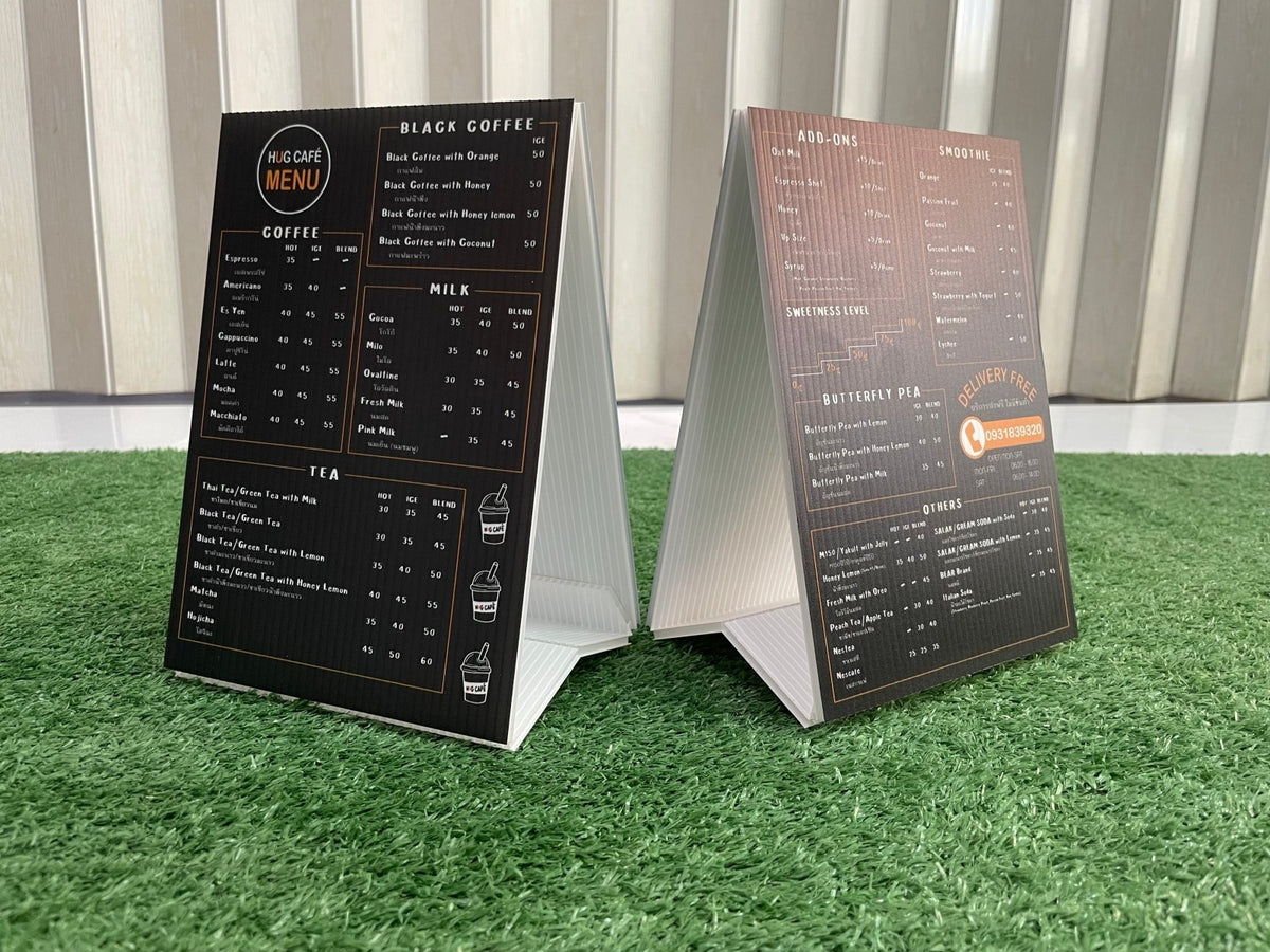 เต้นท์การ์ด สแตนดี้ตั้งโต๊ะ ป้ายตั้งฟิวเจอร์บอร์ด และป้ายสามเหลี่ยมตั้งโต๊ะ พิมพ์คมชัด เหมาะสำหรับเมนู โปรโมชั่น และป้ายโฆษณา