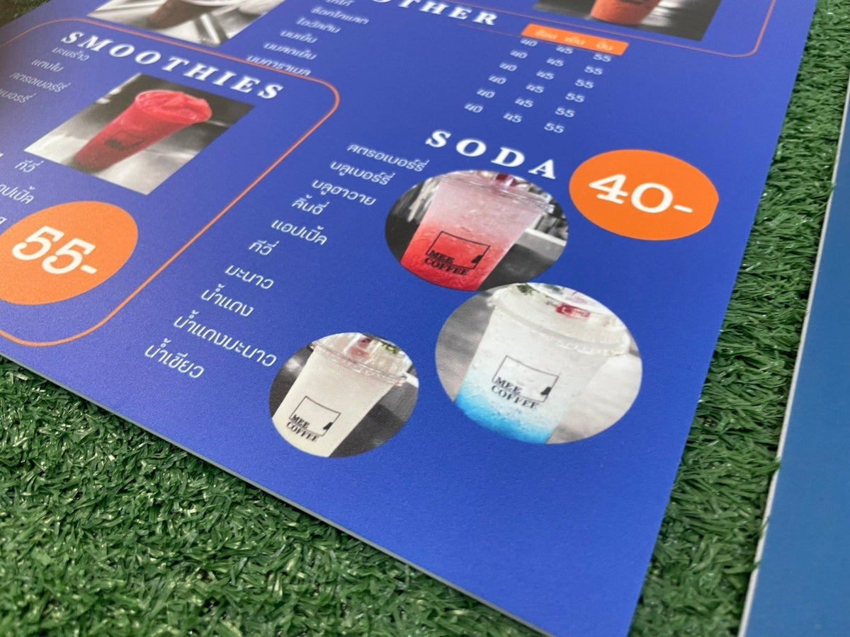 แผ่นเมนู พลาสติก HIP พลาสวูด แข็งแรง กันน้ำ พิมพ์คมชัด เหมาะสำหรับร้านอาหารและคาเฟ่